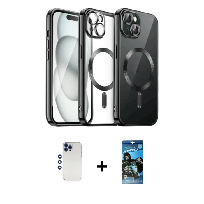 ieg™ iPhone 12 Pro Max Kılıf Nova Işık Özel Seri - Siyah 34D Izgaralı Cam + Shine Kamera Lens - LT