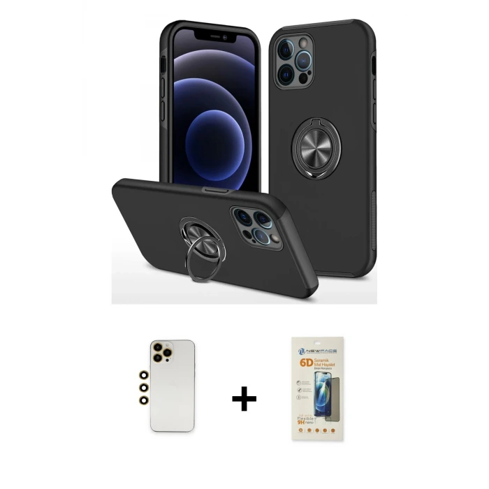 ieg™ iPhone 12 Pro Max Kılıf Odak Form Prime - Siyah 6D Mat Seramik Hayalet Nano Ekran Koruyucu + Shine Kamera Lens - GD