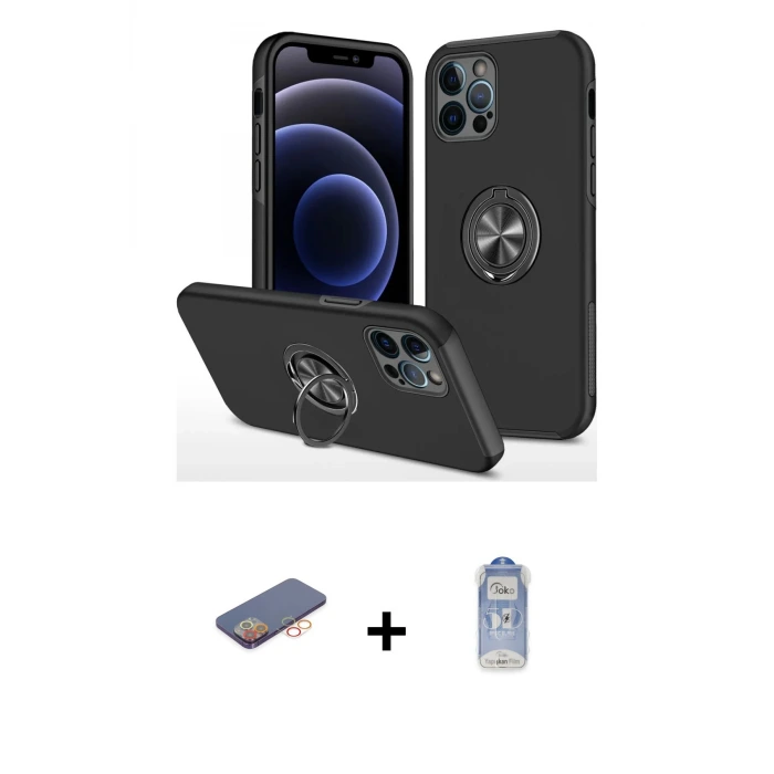 ieg™ iPhone 12 Pro Max Kılıf Odak Form Prime - Siyah Joko Magic 5D Cam + Renkli Kamera Lens Koruma Cam - TU