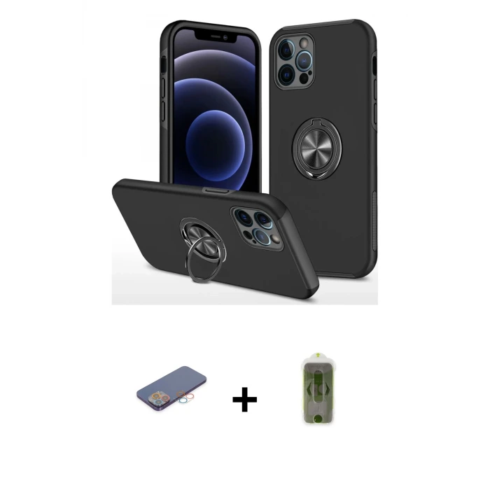 ieg™ iPhone 12 Pro Max Kılıf Odak Form Prime - Siyah Joko Magic 5D Hayalet Cam + Renkli Kamera Lens Koruma Cam - PE