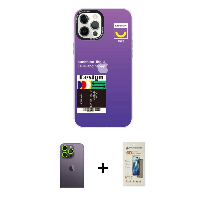 ieg™ iPhone 12 Pro Max Kılıf Siluet Çizgi Koleksiyonu - Siyah 6D Mat Seramik Hayalet Nano Ekran Koruyucu + Neon Fosforlu Kamera Lens - YL