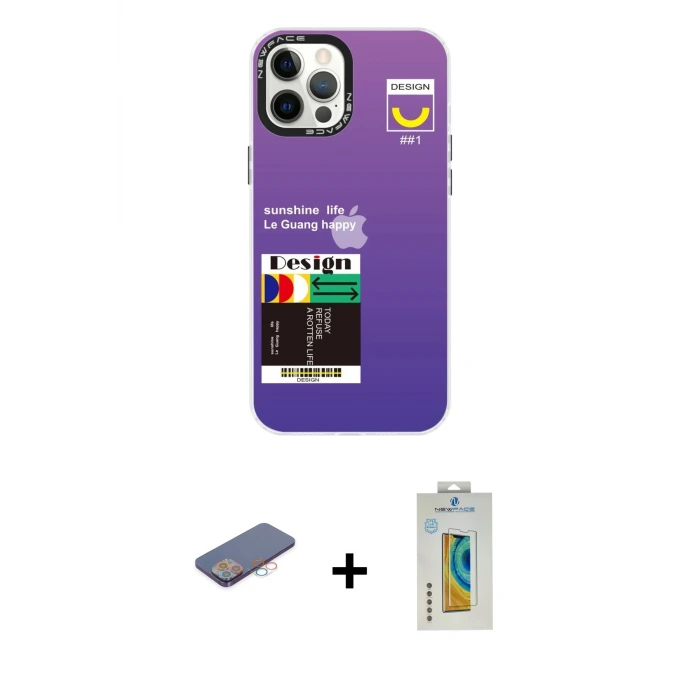 ieg™ iPhone 12 Pro Max Kılıf Siluet Çizgi Koleksiyonu - Siyah Polymer Nano Ekran Koruyucu + Renkli Kamera Lens Koruma Cam - PE