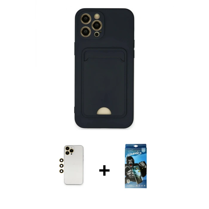 ieg™ iPhone 12 Pro Max Kılıf Vadi Çizgi Prime - Siyah 34D Izgaralı Cam + Shine Kamera Lens - GD