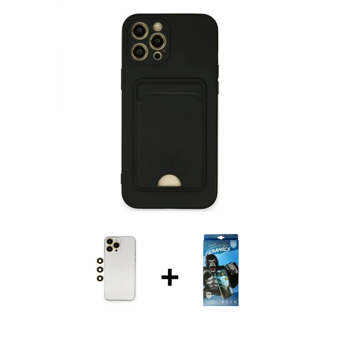 ieg™ iPhone 12 Pro Max Kılıf Vadi Çizgi Prime - Siyah 34D Izgaralı Cam + Shine Kamera Lens - GD