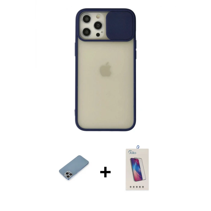 ieg™ iPhone 12 Pro Max Kılıf Vadi Çizgi - Siyah Joko 5D Cam + Shine Kamera Lens Koruma Cam - GI