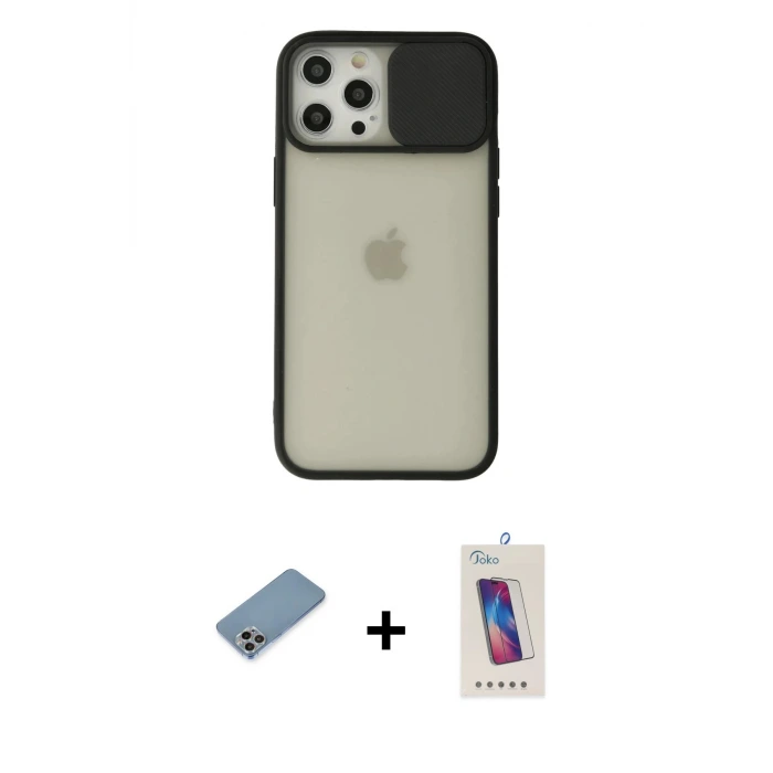 ieg™ iPhone 12 Pro Max Kılıf Vadi Çizgi - Siyah Joko 5D Cam + Shine Kamera Lens Koruma Cam - GI
