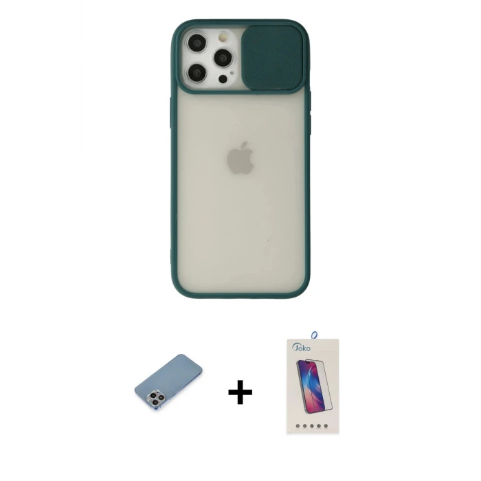 ieg™ iPhone 12 Pro Max Kılıf Vadi Çizgi - Siyah Joko 5D Cam + Shine Kamera Lens Koruma Cam - GI