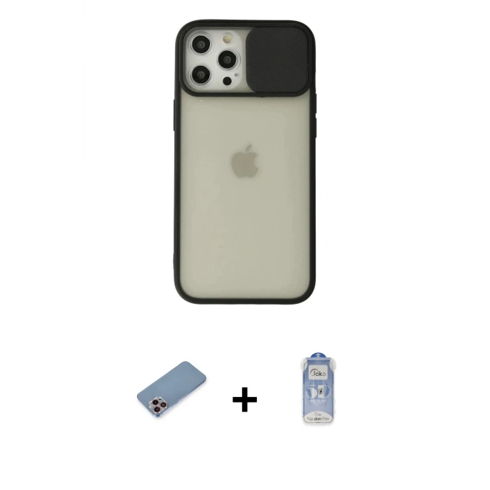 ieg™ iPhone 12 Pro Max Kılıf Vadi Çizgi - Siyah Joko Magic 5D Cam + Shine Kamera Lens Koruma Cam - PE