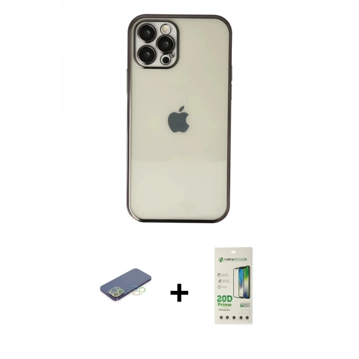 ieg™ iPhone 12 Pro Max Kılıf Vadi Minimal - Siyah 20D Premium Cam Ekran Koruyucu + Renkli Kamera Lens Koruma Cam - YL