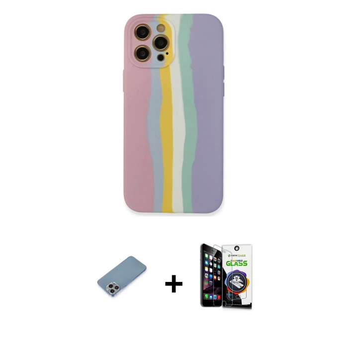 ieg™ iPhone 12 Pro Max Kılıf Yadigar Çizgi - Şeffaf Temperli Cam Ekran Koruyucu + Shine Kamera Lens Koruma Cam - GI