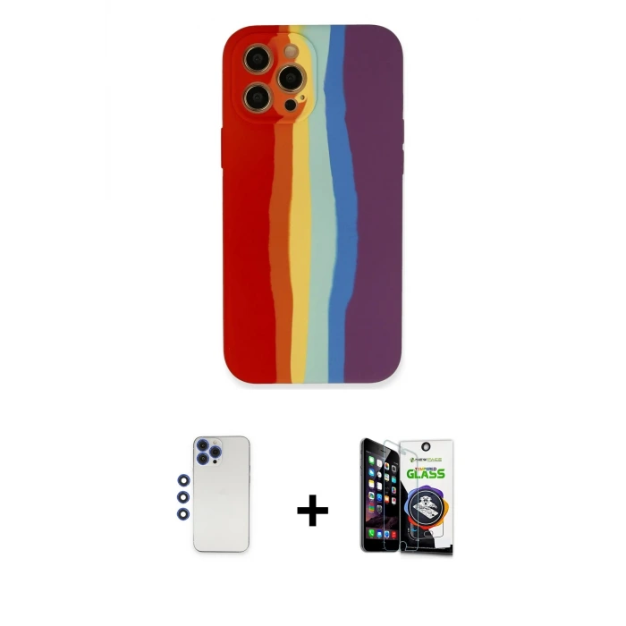ieg™ iPhone 12 Pro Max Kılıf Yadigar Çizgi - Şeffaf Temperli Cam Ekran Koruyucu + Shine Kamera Lens - LT