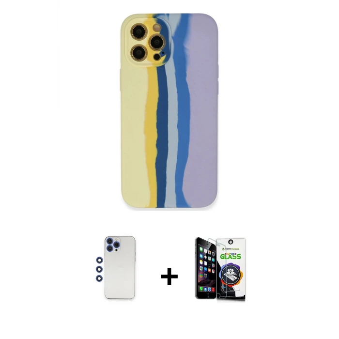 ieg™ iPhone 12 Pro Max Kılıf Yadigar Çizgi - Şeffaf Temperli Cam Ekran Koruyucu + Shine Kamera Lens - LT