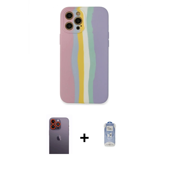 ieg™ iPhone 12 Pro Max Kılıf Yadigar Çizgi - Siyah Joko Magic 5D Cam + Neon Fosforlu Kamera Lens - TU