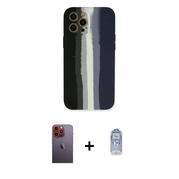 ieg™ iPhone 12 Pro Max Kılıf Yadigar Çizgi - Siyah Joko Magic 5D Cam + Neon Fosforlu Kamera Lens - TU