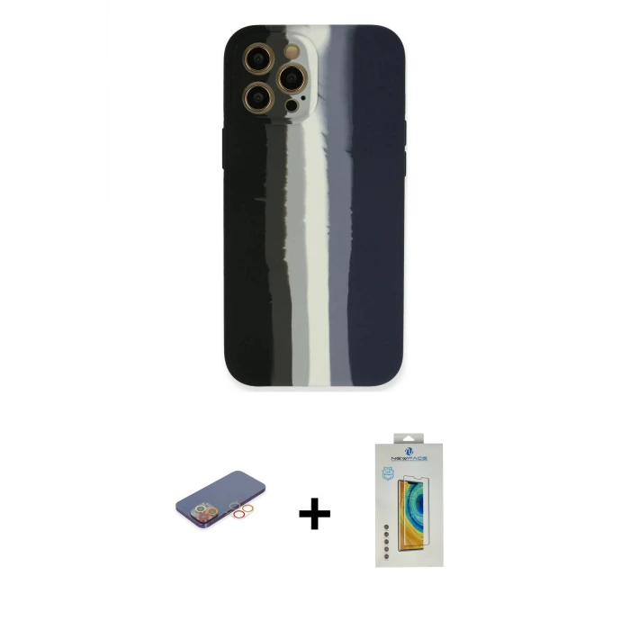 ieg™ iPhone 12 Pro Max Kılıf Yadigar Çizgi - Siyah Polymer Nano Ekran Koruyucu + Renkli Kamera Lens Koruma Cam - TU