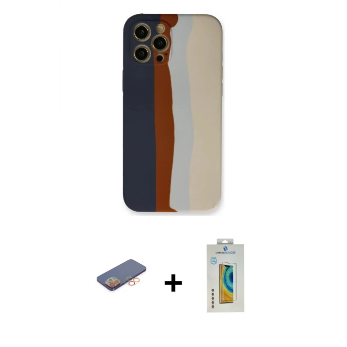 ieg™ iPhone 12 Pro Max Kılıf Yadigar Çizgi - Siyah Polymer Nano Ekran Koruyucu + Renkli Kamera Lens Koruma Cam - TU