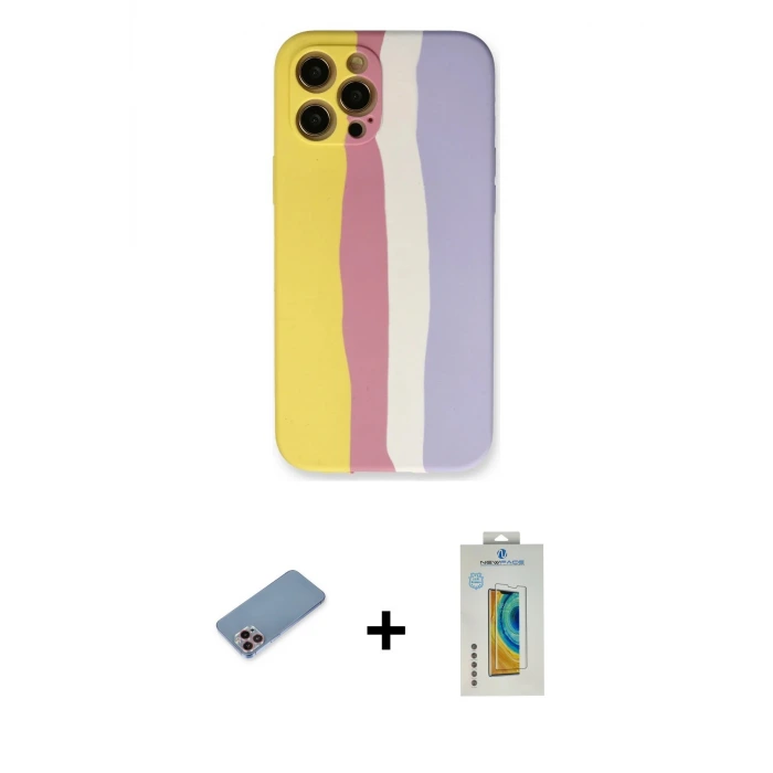 ieg™ iPhone 12 Pro Max Kılıf Yadigar Çizgi - Siyah Polymer Nano Ekran Koruyucu + Shine Kamera Lens Koruma Cam - PE