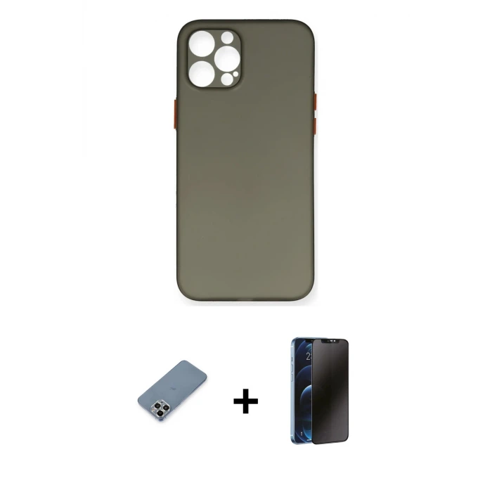ieg™ iPhone 12 Pro Max Kılıf Yadigar Yansıma Serisi - Siyah 3D Antistatik Hayalet Cam Ekran Koruyucu + Metal Kamera Lens Koruma Cam - GS