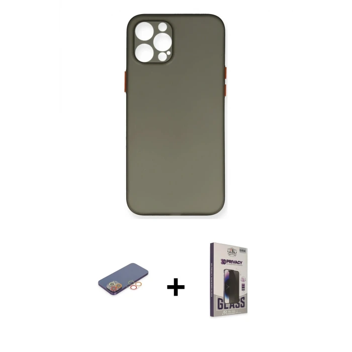 ieg™ iPhone 12 Pro Max Kılıf Yadigar Yansıma Serisi - Siyah Bilvis Hayalet Cam Ekran Koruyucu + Renkli Kamera Lens Koruma Cam - TU