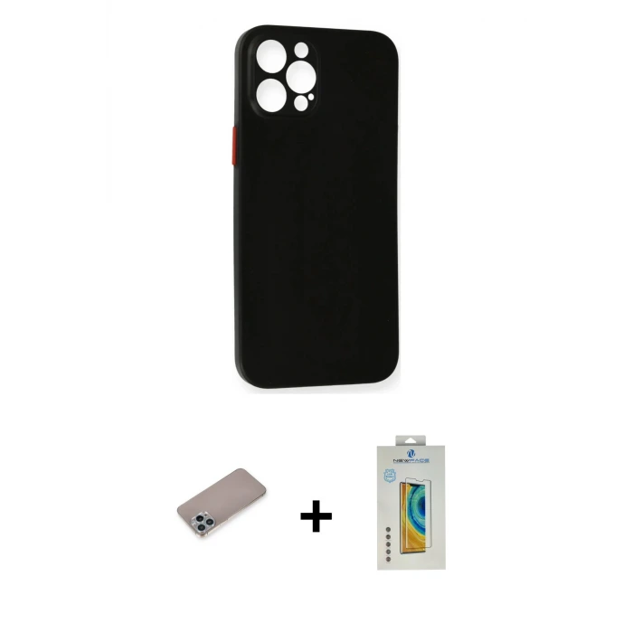 ieg™ iPhone 12 Pro Max Kılıf Yadigar Yansıma Serisi - Siyah Polymer Nano Ekran Koruyucu + Shine Kamera Lens Koruma Cam - SABE