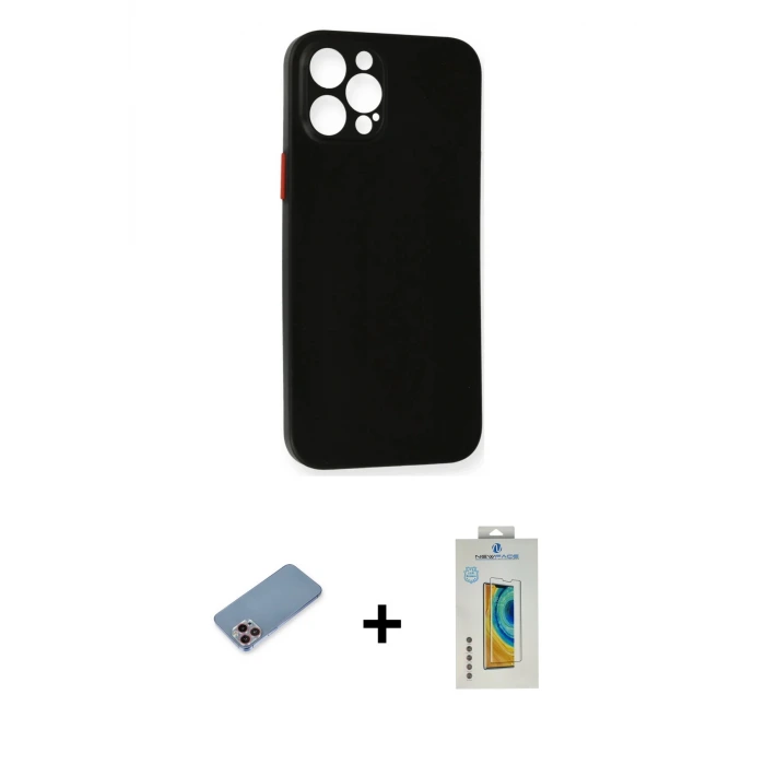 ieg™ iPhone 12 Pro Max Kılıf Yadigar Yansıma Serisi - Siyah Polymer Nano Ekran Koruyucu + Shine Kamera Lens Koruma Cam - PE