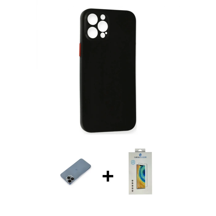 ieg™ iPhone 12 Pro Max Kılıf Yadigar Yansıma Serisi - Siyah Polymer Nano Ekran Koruyucu + Shine Kamera Lens Koruma Cam - SH