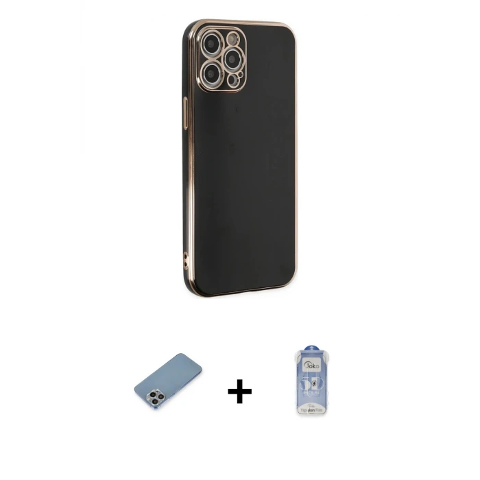 ieg™ iPhone 12 Pro Max Kılıf Yankı Serisi - Siyah Joko Magic 5D Cam + Shine Kamera Lens Koruma Cam - GI