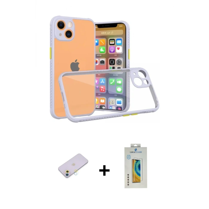 ieg™ iPhone 13 Mini Kılıf Nova Asil Özel Seri - Siyah Polymer Nano Ekran Koruyucu + Renkli Kamera Lens Koruma Cam - SI