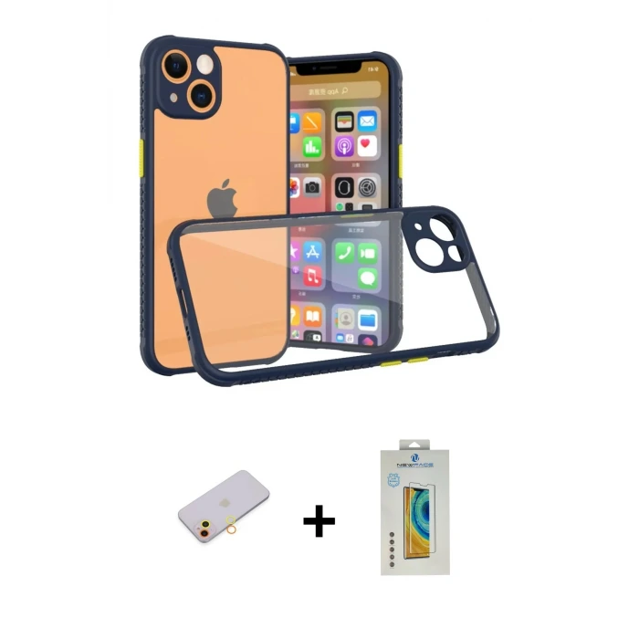 ieg™ iPhone 13 Mini Kılıf Nova Asil Özel Seri - Siyah Polymer Nano Ekran Koruyucu + Renkli Kamera Lens Koruma Cam - SI