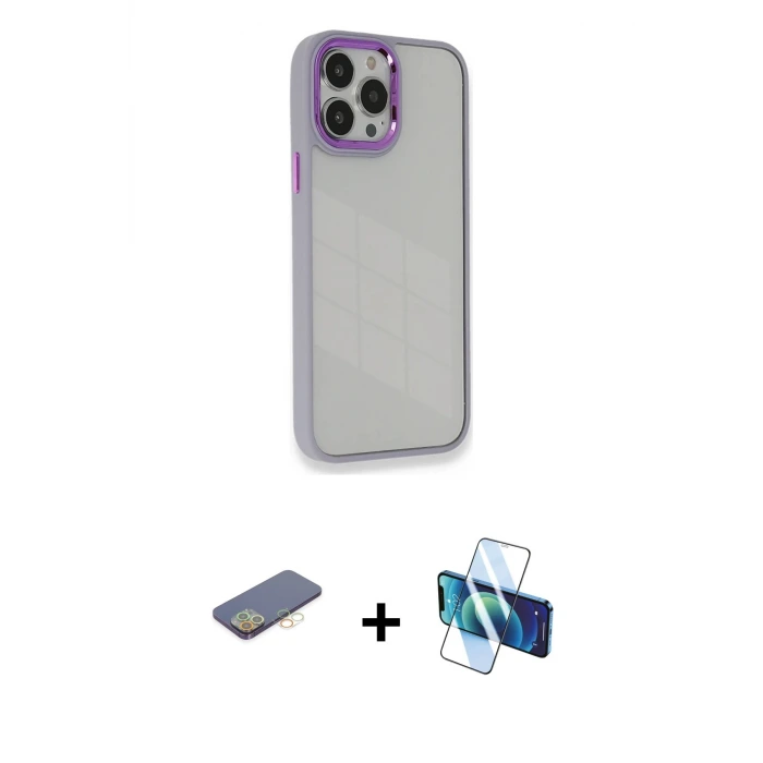 ieg™ iPhone 13 Pro Kılıf Eksen Doku Prime - Siyah 3D Antistatik Seramik Nano Ekran Koruyucu + Renkli Kamera Lens Koruma Cam - SI