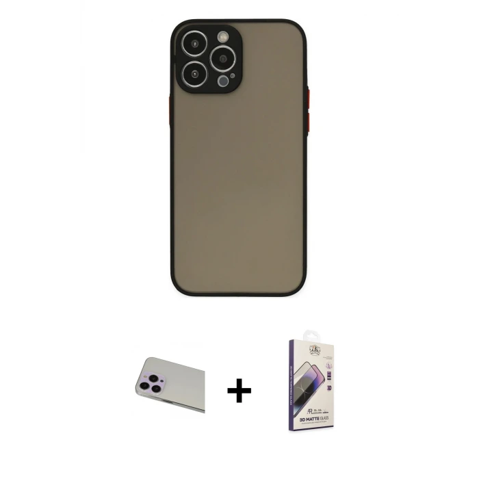 ieg™ iPhone 13 Pro Max Kılıf Ahenk Çizgi Serisi - Siyah Bilvis 3D Mat Cam Ekran Koruyucu + Rainbow Kamera Lens Koruma Cam - MR