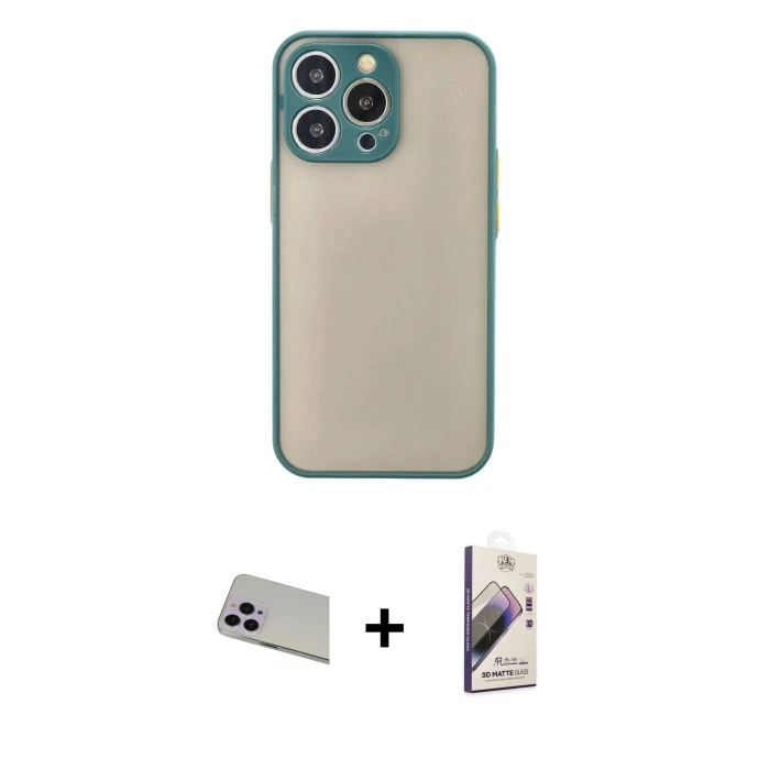 ieg™ iPhone 13 Pro Max Kılıf Ahenk Çizgi Serisi - Siyah Bilvis 3D Mat Cam Ekran Koruyucu + Rainbow Kamera Lens Koruma Cam - MR