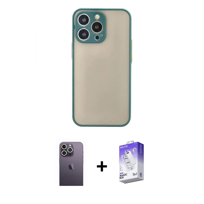 ieg™ iPhone 13 Pro Max Kılıf Ahenk Çizgi Serisi - Siyah Bilvis 5in1 3D Magic Cam Ekran Koruyucu + Neon Fosforlu Kamera Lens - BZ