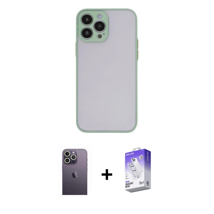 ieg™ iPhone 13 Pro Max Kılıf Ahenk Çizgi Serisi - Siyah Bilvis 5in1 3D Magic Cam Ekran Koruyucu + Neon Fosforlu Kamera Lens - BZ