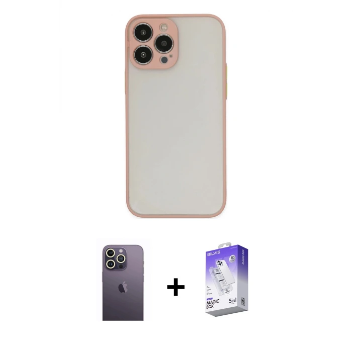 ieg™ iPhone 13 Pro Max Kılıf Ahenk Çizgi Serisi - Siyah Bilvis 5in1 3D Magic Cam Ekran Koruyucu + Neon Fosforlu Kamera Lens - BZ