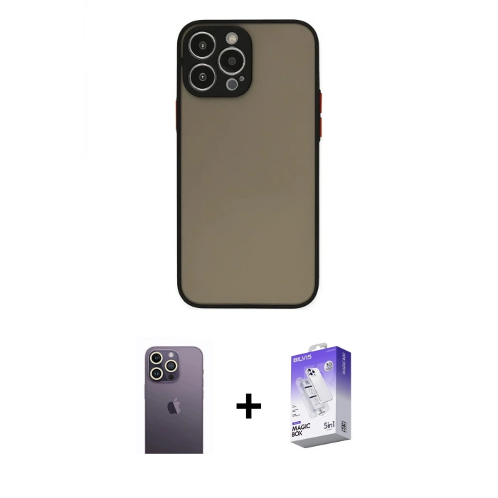 ieg™ iPhone 13 Pro Max Kılıf Ahenk Çizgi Serisi - Siyah Bilvis 5in1 3D Magic Cam Ekran Koruyucu + Neon Fosforlu Kamera Lens - BZ