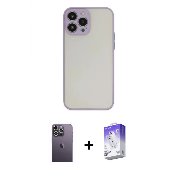 ieg™ iPhone 13 Pro Max Kılıf Ahenk Çizgi Serisi - Siyah Bilvis 5in1 3D Magic Cam Ekran Koruyucu + Neon Fosforlu Kamera Lens - BZ