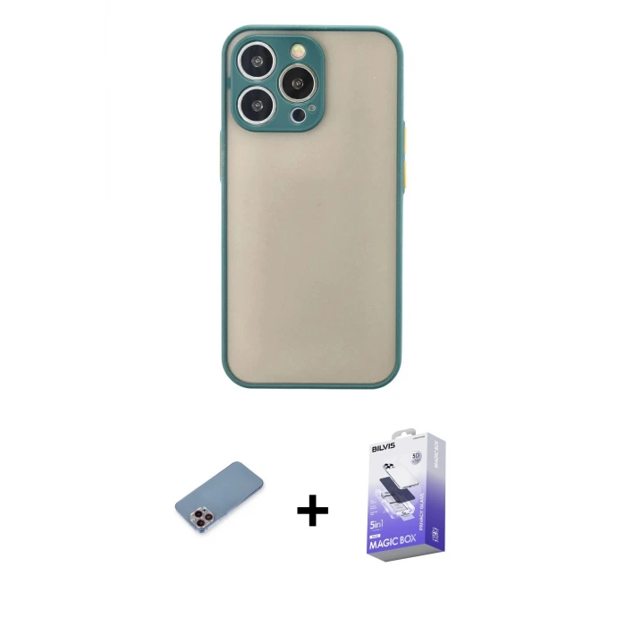 ieg™ iPhone 13 Pro Max Kılıf Ahenk Çizgi Serisi - Siyah Bilvis 5in1 5D Magic Hayalet Cam Ekran Koruyucu + Shine Kamera Lens Koruma Cam - PE