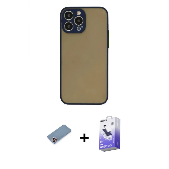 ieg™ iPhone 13 Pro Max Kılıf Ahenk Çizgi Serisi - Siyah Bilvis 5in1 5D Magic Hayalet Cam Ekran Koruyucu + Shine Kamera Lens Koruma Cam - PE