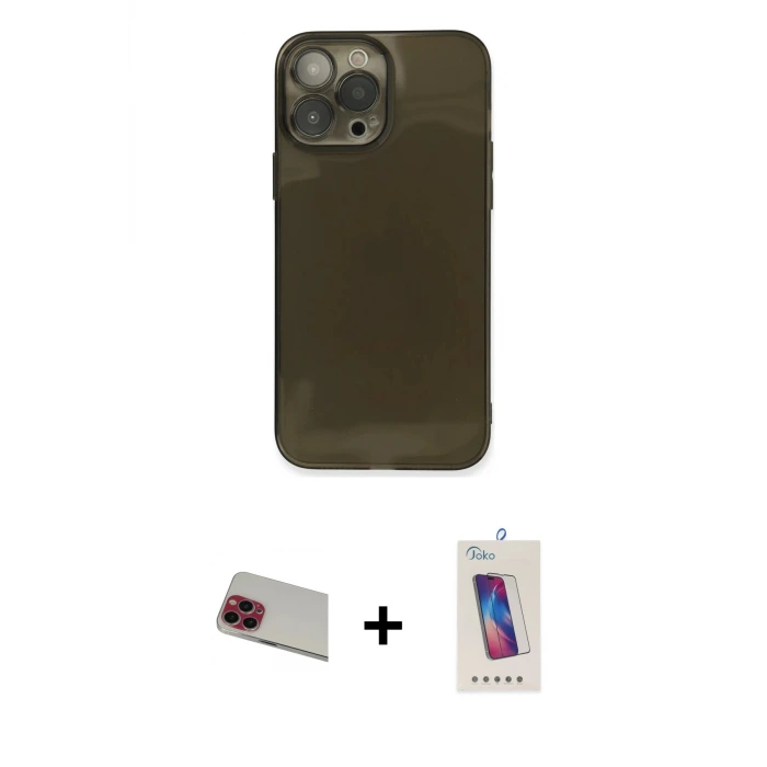 ieg™ iPhone 13 Pro Max Kılıf Ahenk Doku - Siyah Joko 5D Cam + Rainbow Kamera Lens Koruma Cam - KI