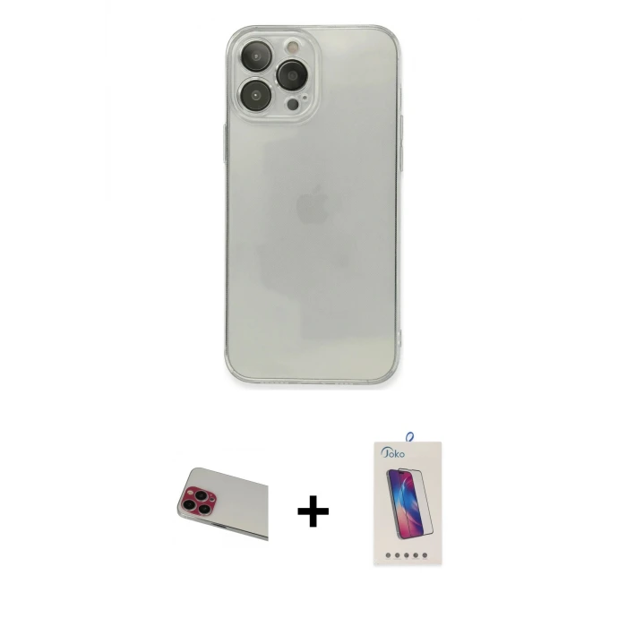 ieg™ iPhone 13 Pro Max Kılıf Ahenk Doku - Siyah Joko 5D Cam + Rainbow Kamera Lens Koruma Cam - KI