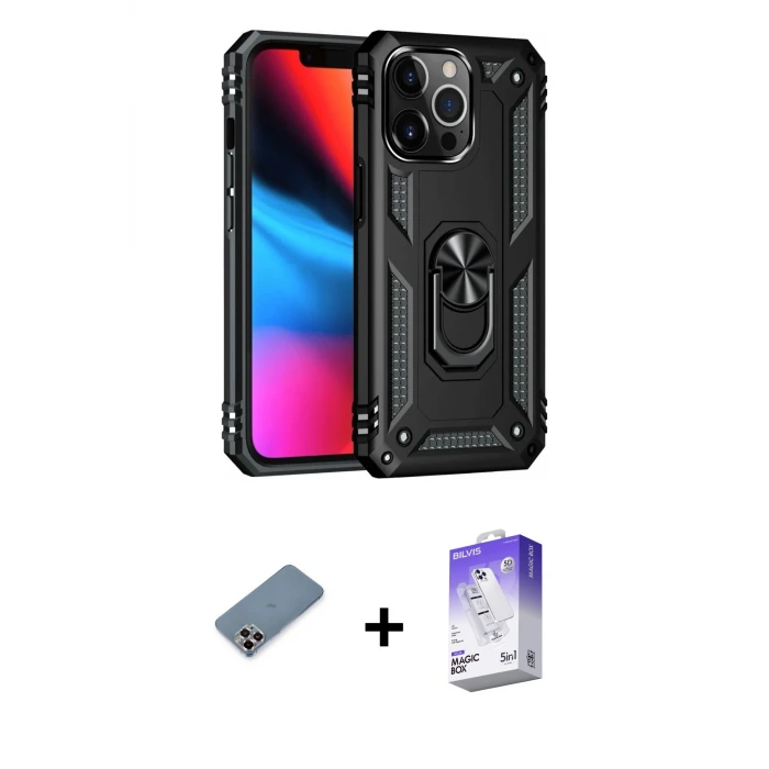 ieg™ iPhone 13 Pro Max Kılıf Ahenk Klasik Koleksiyonu - Siyah Bilvis 5in1 3D Magic Cam Ekran Koruyucu + Metal Kamera Lens Koruma Cam - MR