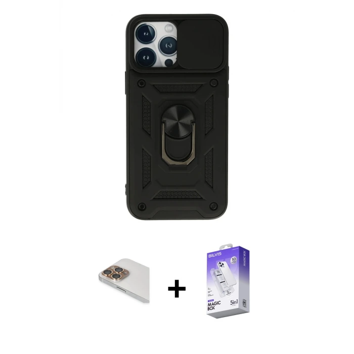 ieg™ iPhone 13 Pro Max Kılıf Ahenk Klasik - Siyah Bilvis 5in1 3D Magic Cam Ekran Koruyucu + Pers Alüminyum Kamera Lens - GD