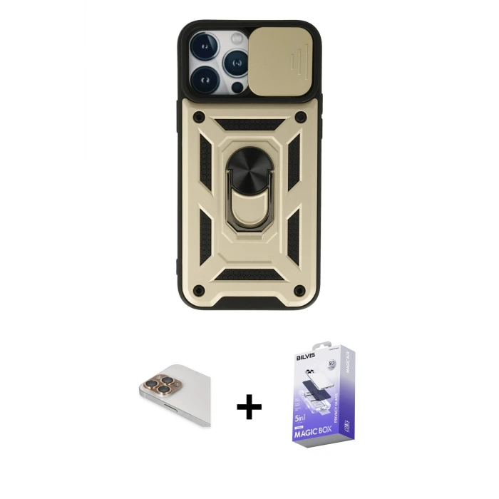 ieg™ iPhone 13 Pro Max Kılıf Ahenk Klasik - Siyah Bilvis 5in1 5D Magic Hayalet Cam Ekran Koruyucu + Pers Alüminyum Kamera Lens - GD