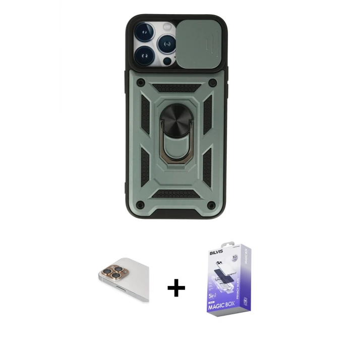 ieg™ iPhone 13 Pro Max Kılıf Ahenk Klasik - Siyah Bilvis 5in1 5D Magic Hayalet Cam Ekran Koruyucu + Pers Alüminyum Kamera Lens - GD
