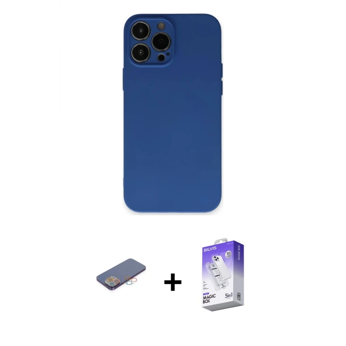 ieg™ iPhone 13 Pro Max Kılıf Ahenk Serisi - Siyah Bilvis 5in1 3D Magic Cam Ekran Koruyucu + Renkli Kamera Lens Koruma Cam - PE
