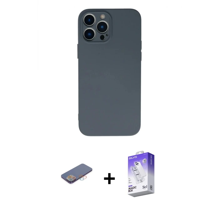 ieg™ iPhone 13 Pro Max Kılıf Ahenk Serisi - Siyah Bilvis 5in1 3D Magic Cam Ekran Koruyucu + Renkli Kamera Lens Koruma Cam - PE