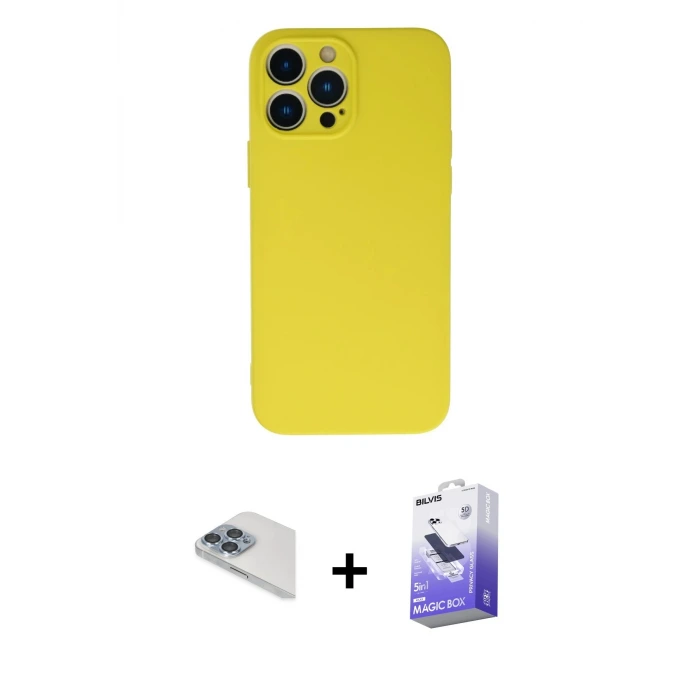 ieg™ iPhone 13 Pro Max Kılıf Ahenk Serisi - Siyah Bilvis 5in1 5D Magic Hayalet Cam Ekran Koruyucu + Pers Alüminyum Kamera Lens - SABE