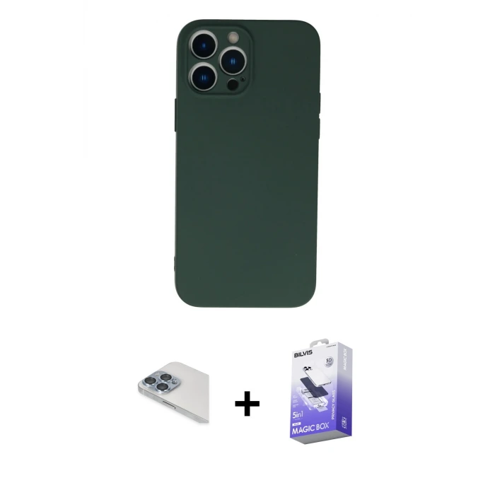 ieg™ iPhone 13 Pro Max Kılıf Ahenk Serisi - Siyah Bilvis 5in1 5D Magic Hayalet Cam Ekran Koruyucu + Pers Alüminyum Kamera Lens - SABE