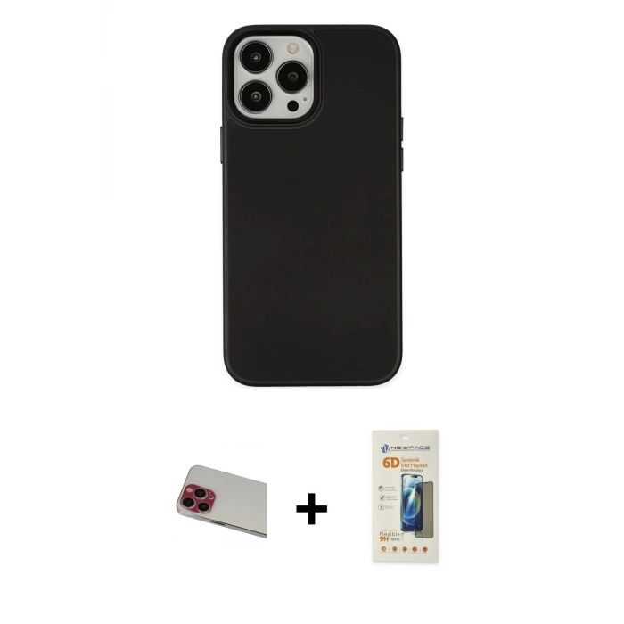 ieg™ iPhone 13 Pro Max Kılıf Çekirdek Çizgi - Siyah 6D Mat Seramik Hayalet Nano Ekran Koruyucu + Rainbow Kamera Lens Koruma Cam - KI